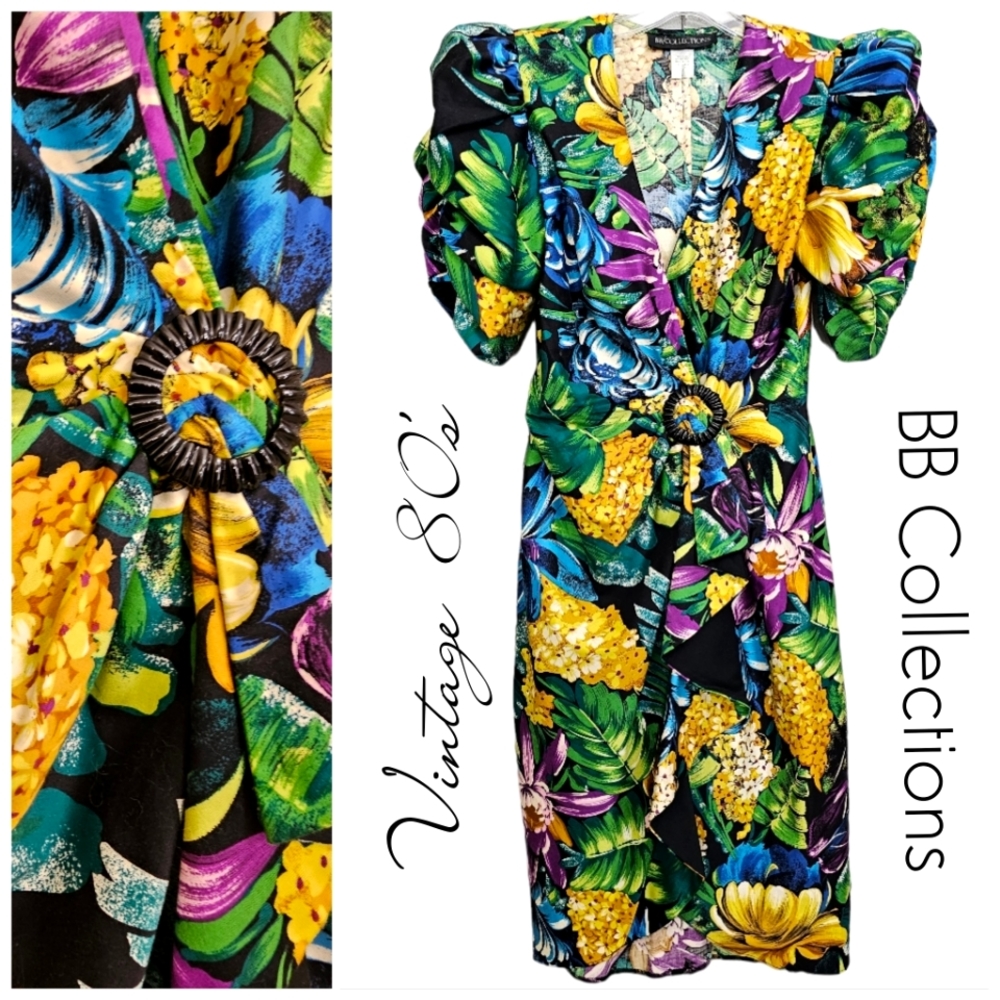 Vintage 80's BB Collections Tropical Multicolor Big Puff Sleeves Wrap Midi Dress